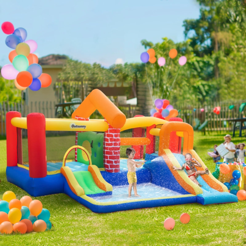 4-in-1 Kids Inflatable Bouncy Castle, Extra Large Double Slides Trampoline Climbing Wall Water Pool Bounce House With Blower & Carry Bag, 3.8x3.7x2.3m For Ages 3-8