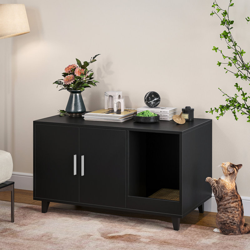 Bac à litière multifonctionnel pour chat avec tapis à gratter L 33,5 po x P 18,5 po, H 19,9 po, revêtement anti-rayures, capacité de 120 lb, panneau de particules noir facile à assembler
