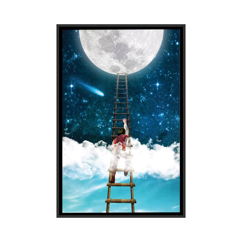 Reach For The Moon I, H 26 po x l 18 po x P 1,5 po, Toile avec cadre noir, Blanc