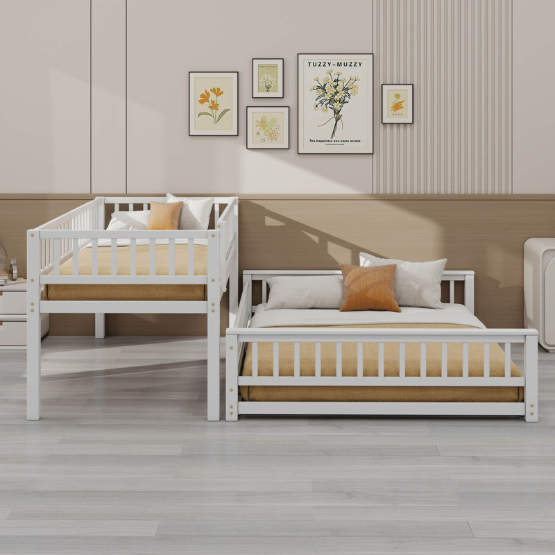 Twin XL Over Queen Bunk Bed, Floor Twin XL Over Queen Bunk Bed Frame With Ladder And Safety Guardrails, White