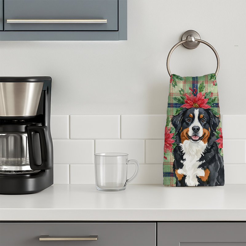 Bernese Mountain Dog Christmas PoinsettIas Kitchen Towel, Black/White Bernese Mountain Dog