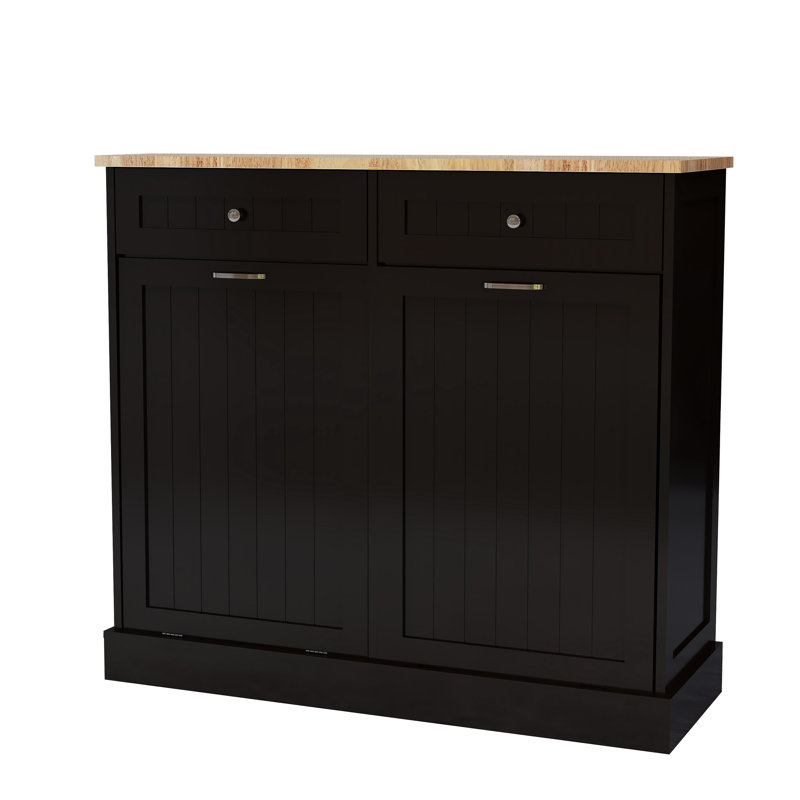 Black Kitchen Trash Bin Holder Cabinet - , Two Compartments, Painted Garbage Drawers, Ample Storage