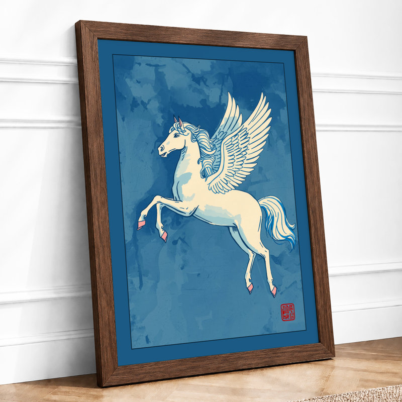 Pegasus in Flight Japandi - Framed Print, A3 - 42.0 x 29.7 cm, Walnut