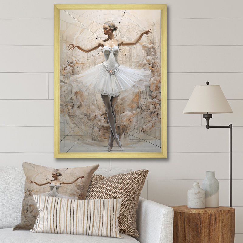 Dessin schématique blanc d'une ballerine sur toile, H 20 po x l 12 po x P 1 po, Encadrement doré