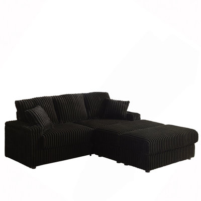 Canapé 3 places en velours côtelé de 213 cm avec 3 coussins de dossier, 2 coussins décoratifs, 2 poufs, 2 repose-pieds, rangements et porte-gobelets. Canapé confortable et profond pour le salon.