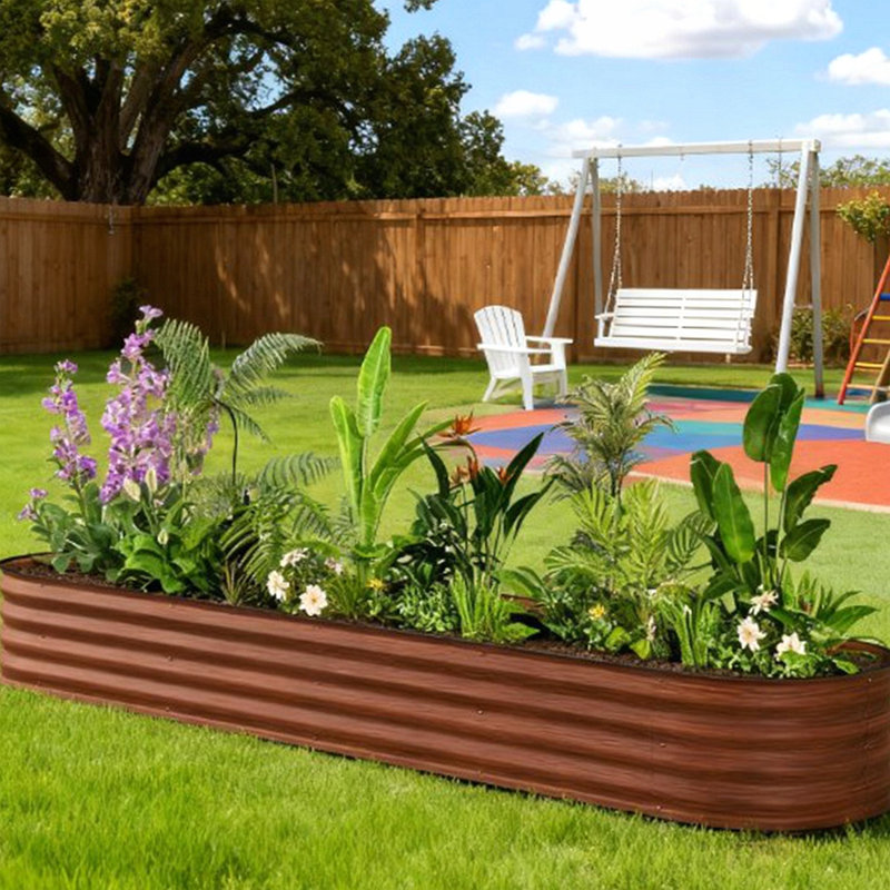 Galvanized Metal Planter Box Raised Garden Bed with Safety Edging and Self-Draining Design for Versatile Outdoor Planting