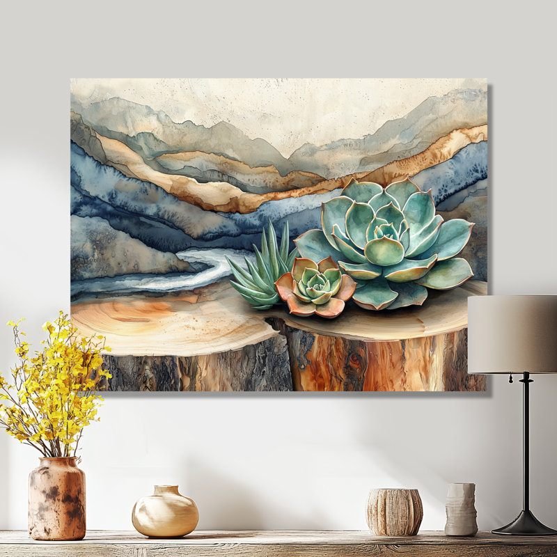 Succulent On A Top Of Wooden Slide River IV -Succulents Metal Wall Decor, 12" H x 20" W