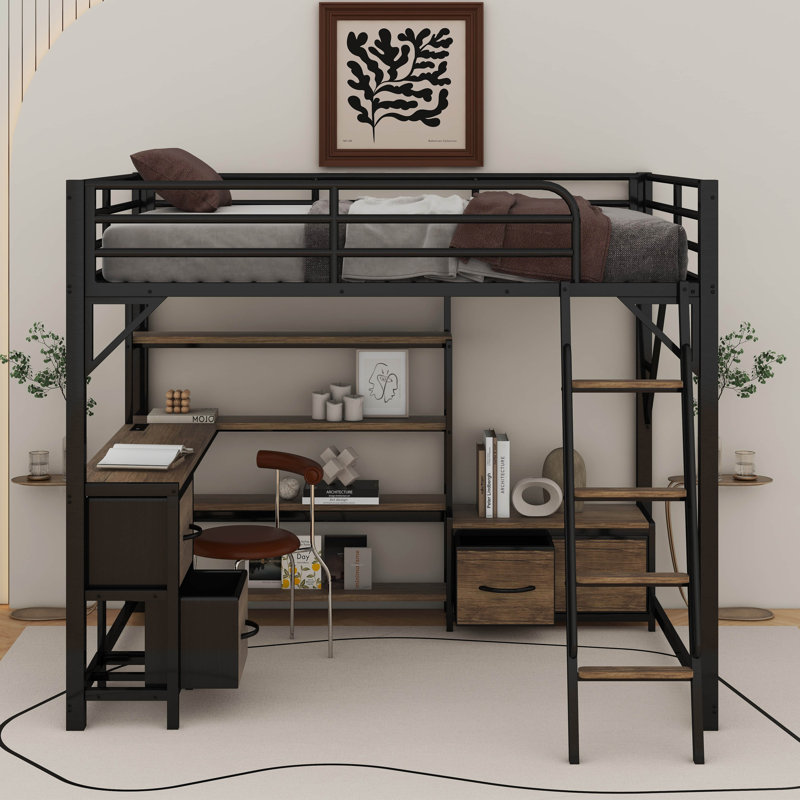 Lit mezzanine avec bureau et lumière, lit mezzanine en métal avec tablettes de rangement, garde-robe et tiroirs de rangement