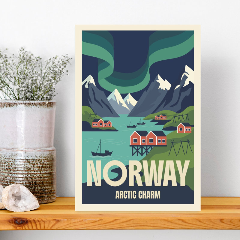 Norway Fjord Northern Lights Serene Traditional Abstract Landscape Mountain Wall Art Print 1 Piece Wrapped Canvas Wall Art