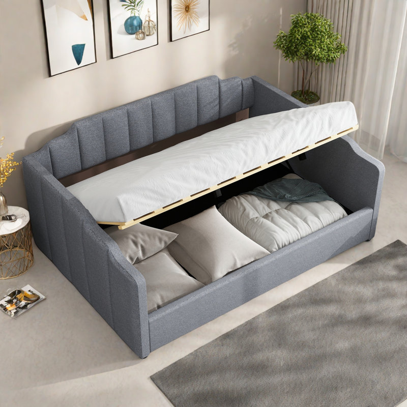 Modern Upholstered Daybed With Underneath Storage Sapce And Vertical Striped Design, Gray, Full/Double