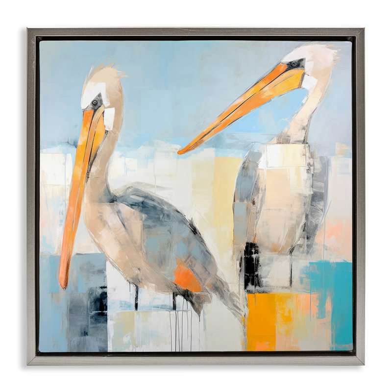 "Pelicans", art mural encadré par Irena Orlov, H 18 po x l 18 po, Cadre flottant gris lustré
