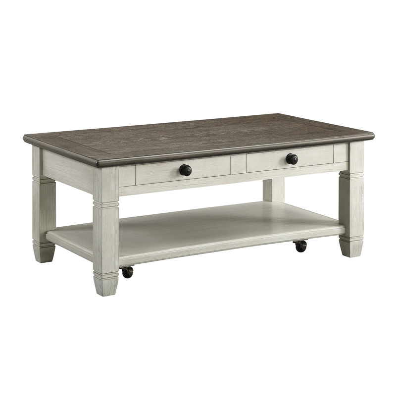 Meuble de salon 1 pièce avec roulettes et 2 tiroirs, Plateau gris / base blanc antique