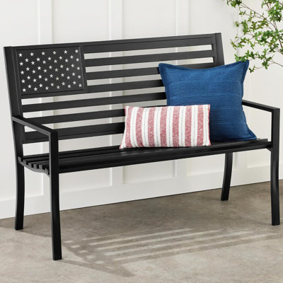 Outdoor Bench 2-person Steel Indoor/outdoor Bench For Garden, Patio, Porch, Entryway W/american Flag, 790lb Capacity Black