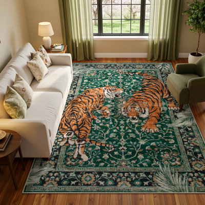 Goldene Vintage Tiger Deep Green Washable Area Rug - Soft Cashmere Carpet for Living Room, Bedroom, or Office