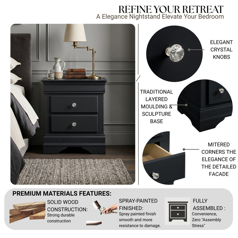 Barvelle Modern Classic 21.1" Solid Wood Fully Assembled 2 Drawer Nightstand, Black
