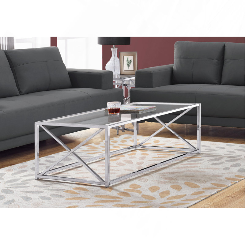 Table basse décorative de salon rectangulaire en verre trempé L 44 po en métal chromé contemporain moderne.