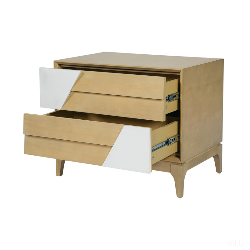 Table de chevet moderne à 2 tiroirs avec motif géométrique bicolore, table de chevet de style japonais avec patchwork en angle, table de bout pour chambre à coucher, salon, pieds fuselés massifs