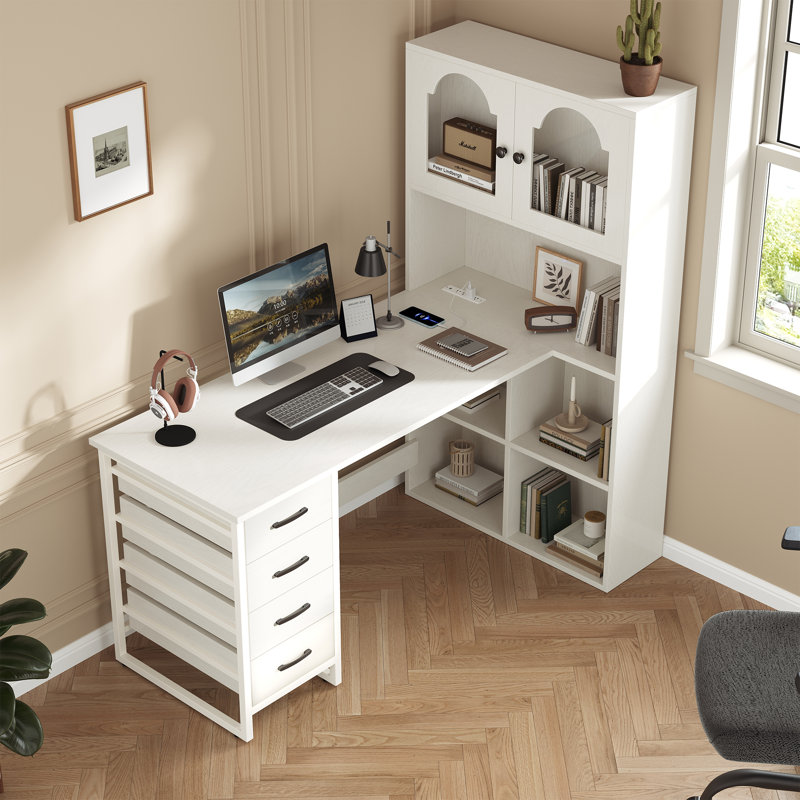 Bureau en L 52 po avec lumières DEL et prises de courant, Blanc / blanc
