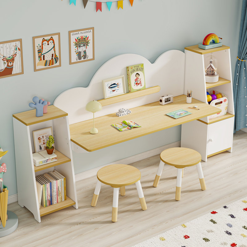 Kids Study Desk With Bookshelves And 2 Stools