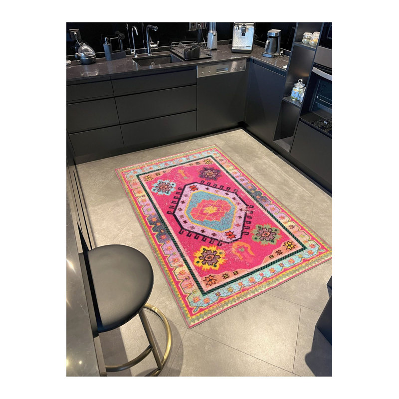 Pink Themed Multicolor Motif Vintage Decorative Machine Washable Rug, Square 3'3" Rug Pad Included