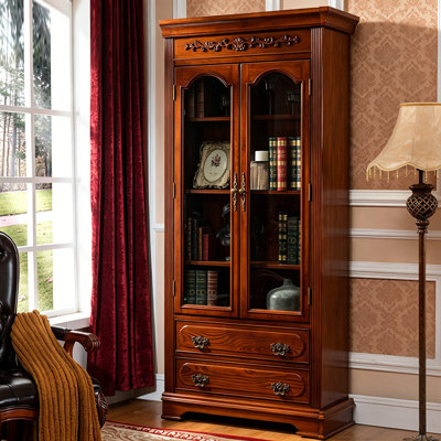 Meuble à vin/bibliothèque vintage américain en bois massif sculpté, fini noyer, 94 cm (L) x 210 cm (H), double porte vitrée et deux tiroirs, grande capacité de rangement.