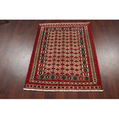 Tapis rouge en laine noué à la main de conception unique 3 pi 1 po x 3 pi 11 po Canarsie