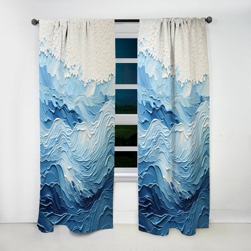 Rideau en velours bleu et blanc Myah - Modern Waves Of The Coast I - Coastal Minimalisme, L 52 po x L 120 po
