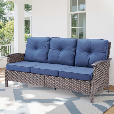 Durable 73.4 Inch Wide Outdoor Wicker Sofa With Blue Cushions For Patio And Garden Comfort