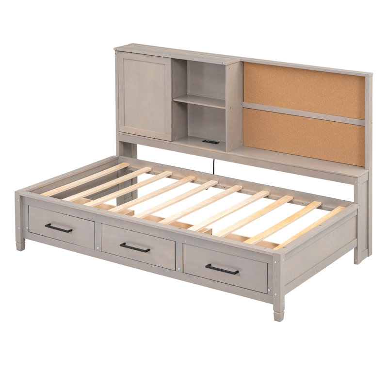 Daybed With Storage Shelvesboard, Cork Board, USB Ports And Trundle, Antique Gray