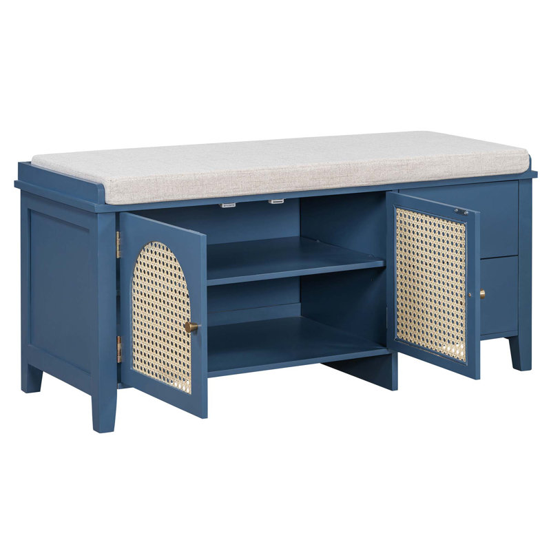 Banc à chaussures rétro avec coussin, 2 tiroirs et 2 portes en rotin, Marine