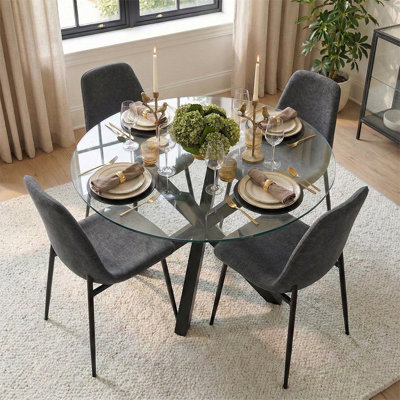 Ensemble de table de salle à manger pour 4 personnes avec table ronde en verre et 4 chaises rembourrées en chenille