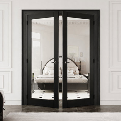 60" x 80" 1-Lite Black Frame & Clear Glass Interior French Door with Black Hinges, Latch & Lock, Privacy Glass Door Slab, Sound-Dampening & Waterproof Solid Core Door, Suit for Laundry, Closet, Pantry, Bathroom Doors, Room Doors