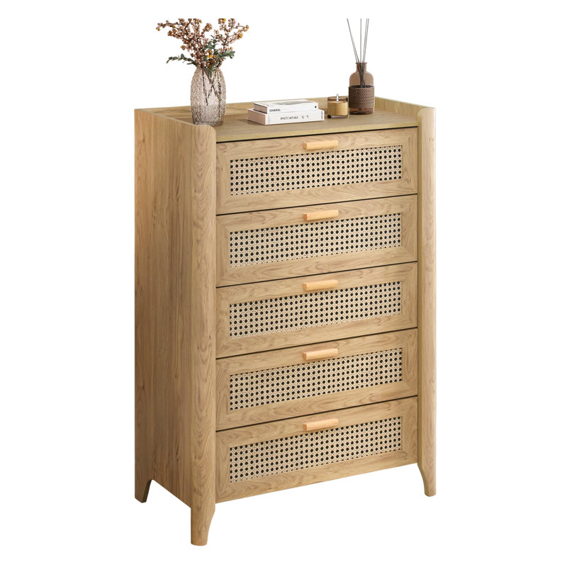 Rattan-Inspired 5 Drawers Dresser for Bedroom, 30.7" W Modern Chest of Drawers, Wood Drawer Organizer for Clothes, Entryway, Hallway, Nursery or Living Room, Oak