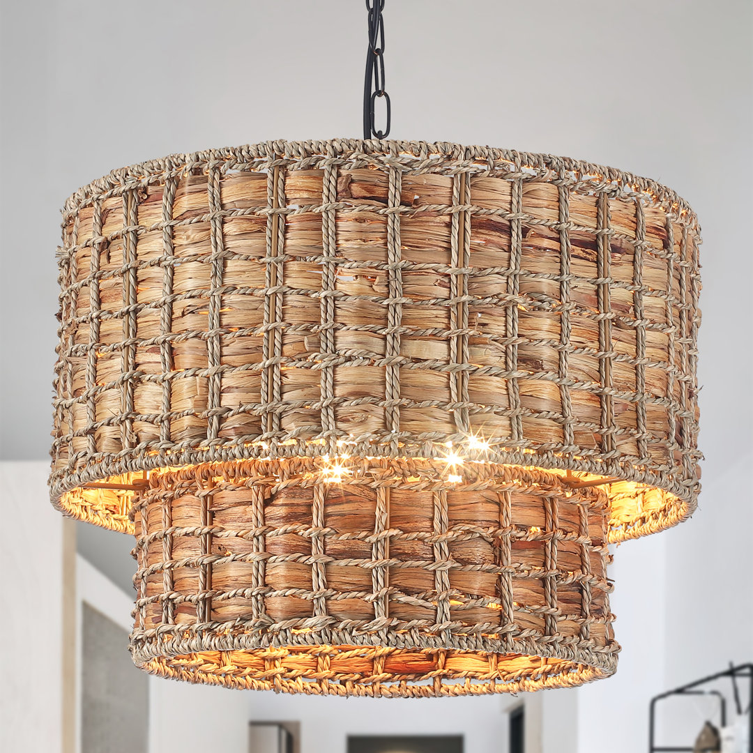 Kaetlin 5 - Light 2-Tier Bohemian Drum Natural Rattan Chandelier-18.9"W x 76"H House of Hampton® Base