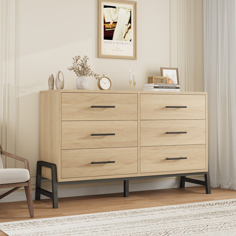 Modern 6-Drawer Entryway Storage Cabinet – Wide Freestanding Wooden Dresser, Spacious Closet Organizer, Wood Color