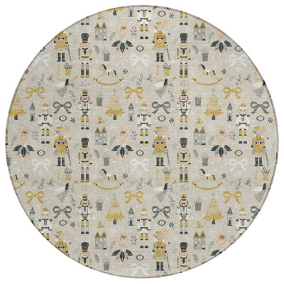 Machine Washable Indoor/Outdoor Christmas Nutcracker Xhevrie Beige Rug