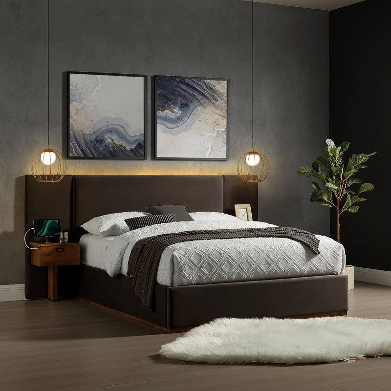 Dahlia Upholstered Bed LED Headboard and USB A + C Side Tables in Velvet Fabric, Brown, Queen
