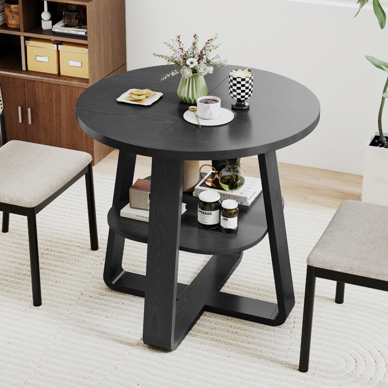 Small Dining Table, 31.5 Inch Farmhouse Round Dining Table, Circle Kitchen Tables With Shelf, Black