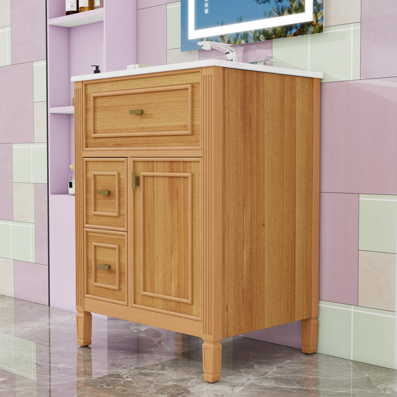 Meuble-lavabo avec lavabo, 2 tiroirs, 1 tiroir rabattable et tablette réglable, Bois
