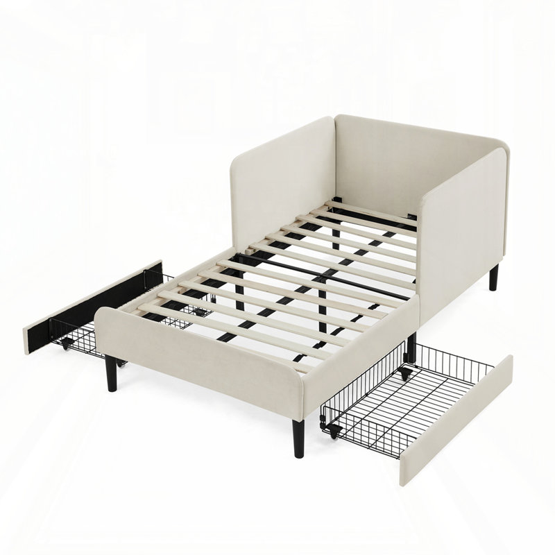 Structure de lit plateforme tapissier avec tiroirs, Beige, Lit simple