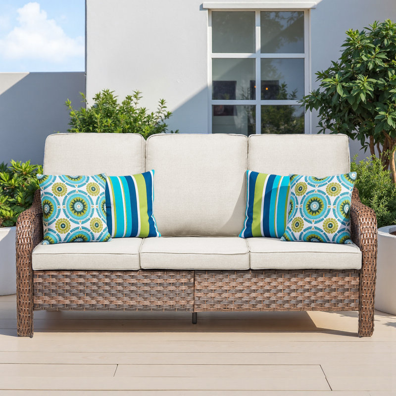 All Weather Wicker Patio Couch, 3 Seats Patio Sofa With Cushions, Outdoor Patio Sofa For Garden, Porch, Backyard, Beige, Blue