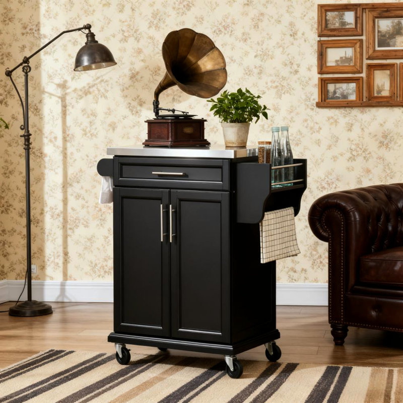 Chariot de cuisine à roulettes avec plateau en acier inoxydable, tiroir et placard pour ustensiles de cuisine et vaisselle, porte-serviettes, rangement pour épices - Gain de place, noir, 84 cm L x 46 cm l x 91 cm H, roulettes, idéal pour un comptoir ou un petit électroménager.