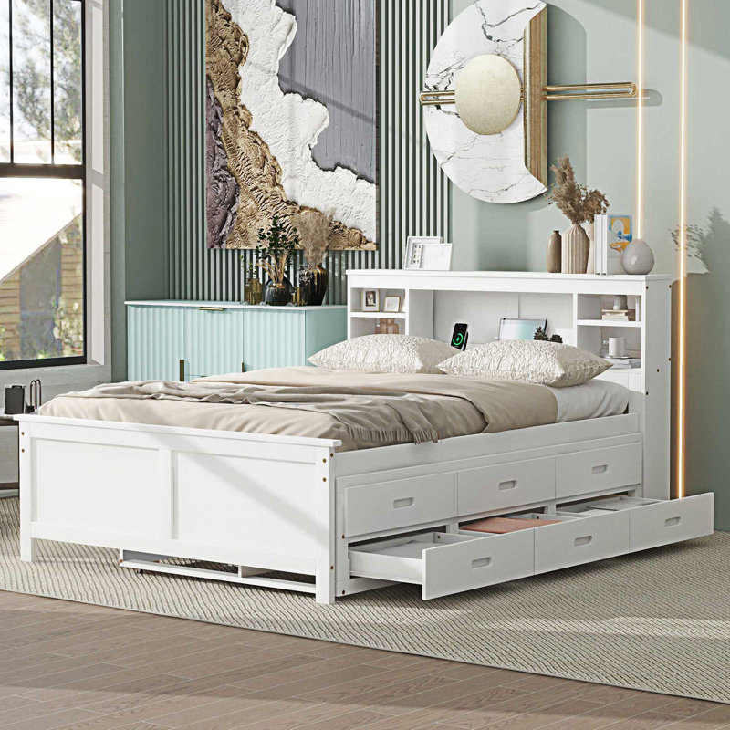 Lit plateforme avec tête de lit avec rangement, Blanc