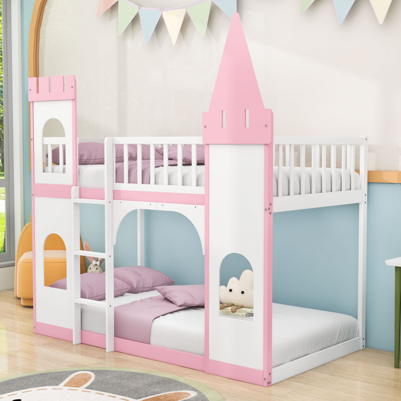 Lit superposé simple en forme de château en bois avec garde-corps et échelle