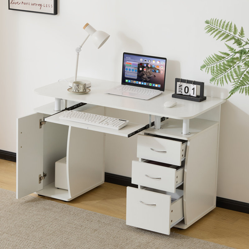 45.28in White Density Board with Embossed Melamine Laminated, One Door and Three Drawers Computer Desk
