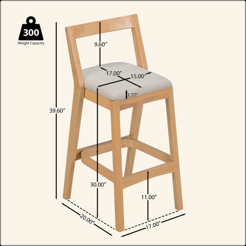 Tabouret de bar d'intérieur en bois d'hévéa, ensemble de 2, Siège gris / cadre brun