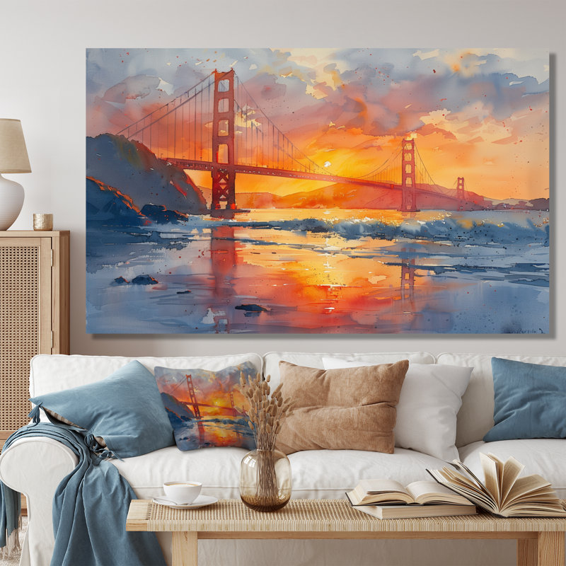Art mural jaune jaune rouge Golden Gate, Toile tendue, H 40 po x l 60 po x P 1,5 po