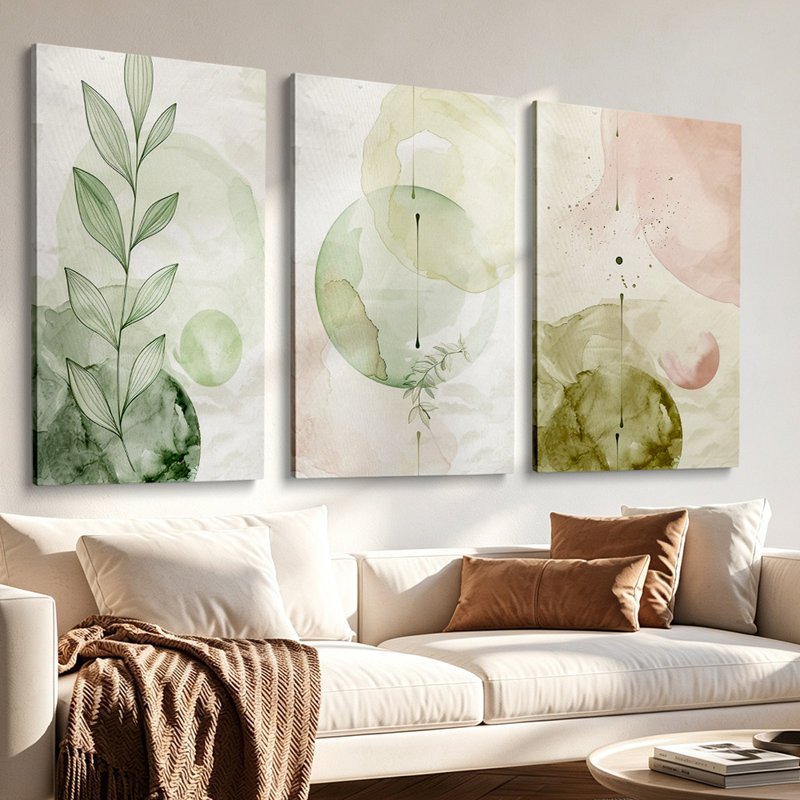 3 pièces d'art mural moderne sur toile vert sauge pour salon 12 x 24 po, 16" H x 36" W