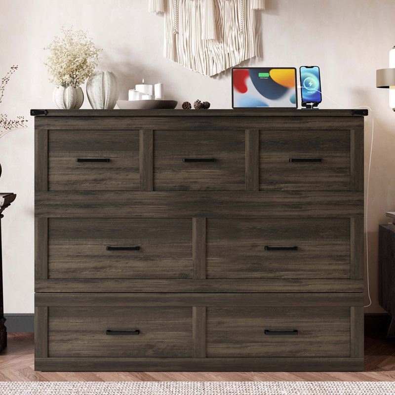 Armoire lit escamotable double avec station de charge, lit plateforme pliable multifonctionnel avec 1 grand tiroir de rangement pour chambre d'amis, petite chambre, gris rustique