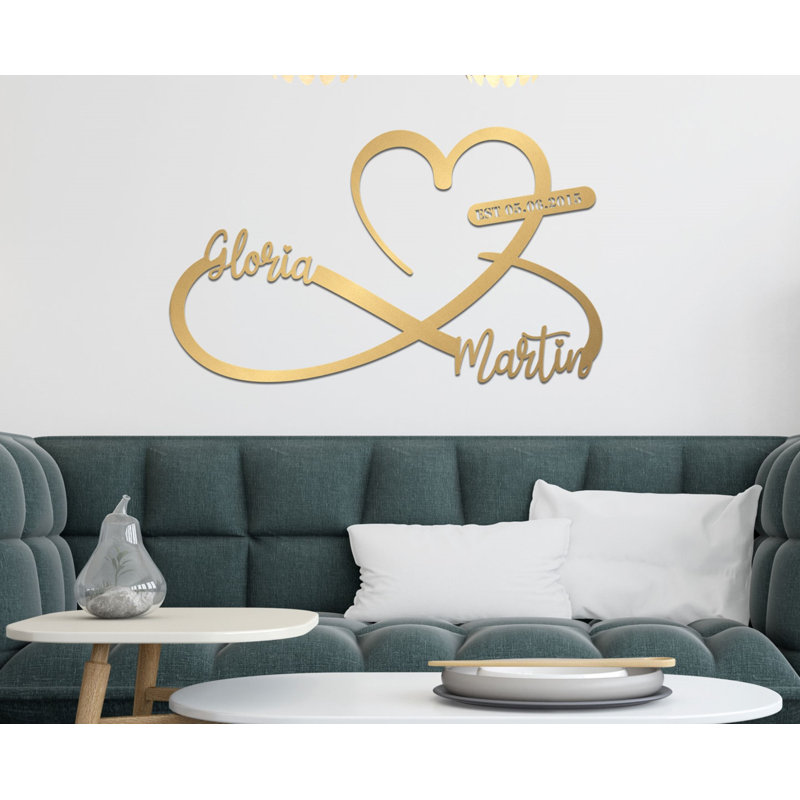 Décoration murale personnalisée en métal cœur et infini en métal pour la Saint-Valentin ou un cadeau de mariage, Or mat, Oui